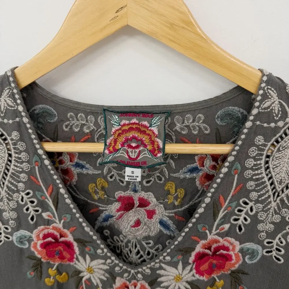 Women’s Johnny Was Assa Linen Draped Tunic Gray Embroidered Floral Small S - Picture 3 of 9